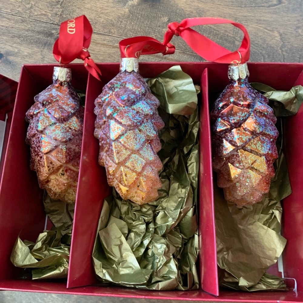 Waterford Holiday Heirlooms Glass Pine Cone Ornaments Set Of 3 In Box